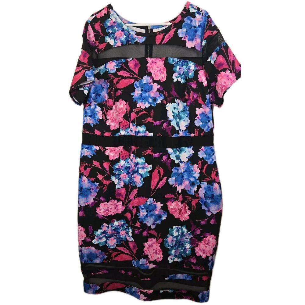 BOUTIQUE WOMEN Black Floral DRESS Sheer Bands PLUS 2X Pink Blue Party Classic